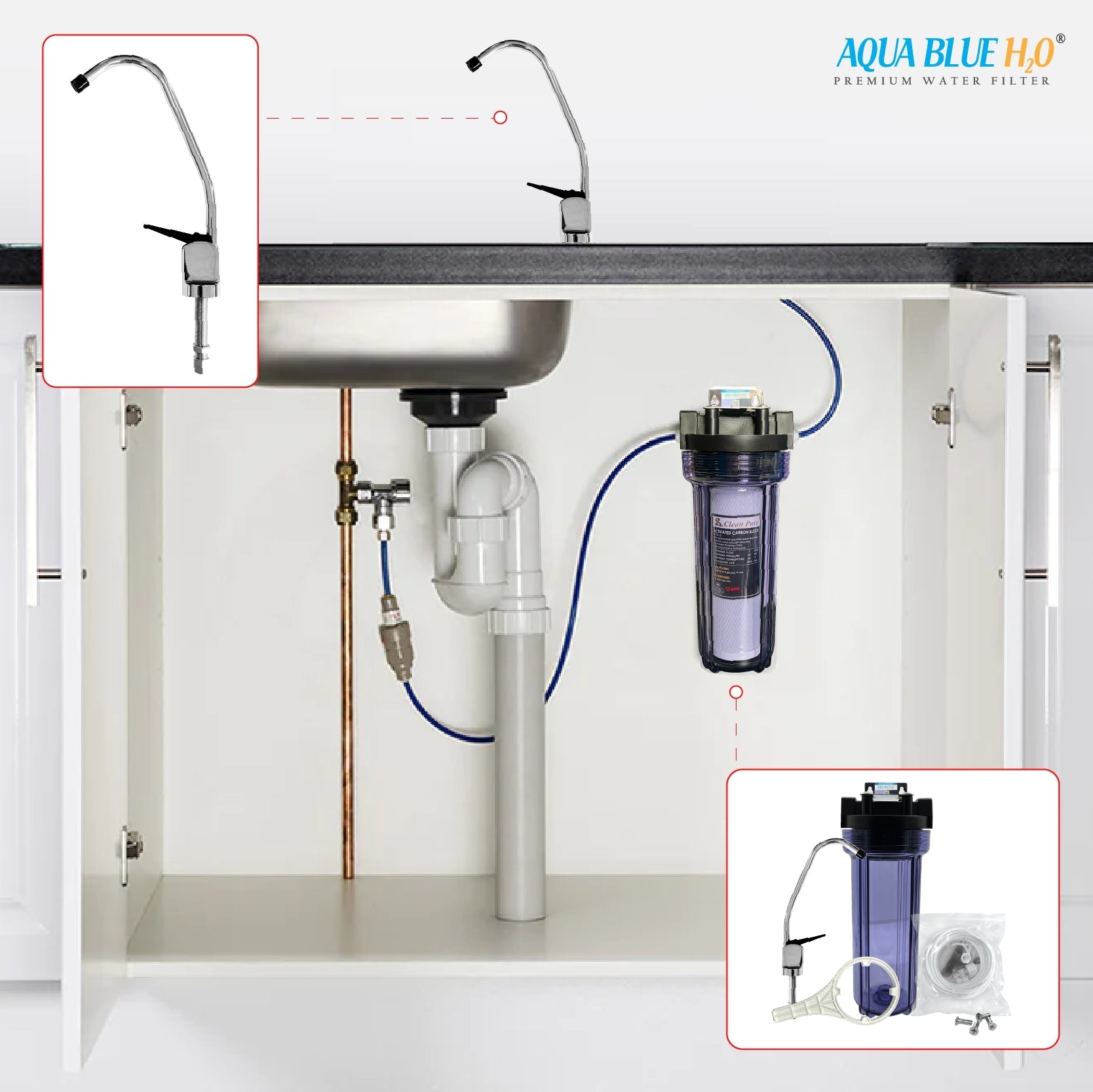 10" Clear Big Blue Filter Housing 5 Mic PP Sediment Water Filter, Reverse Osmosis Faucet, Connection Kit Set - WATER FILTER DISTRIBUTORS