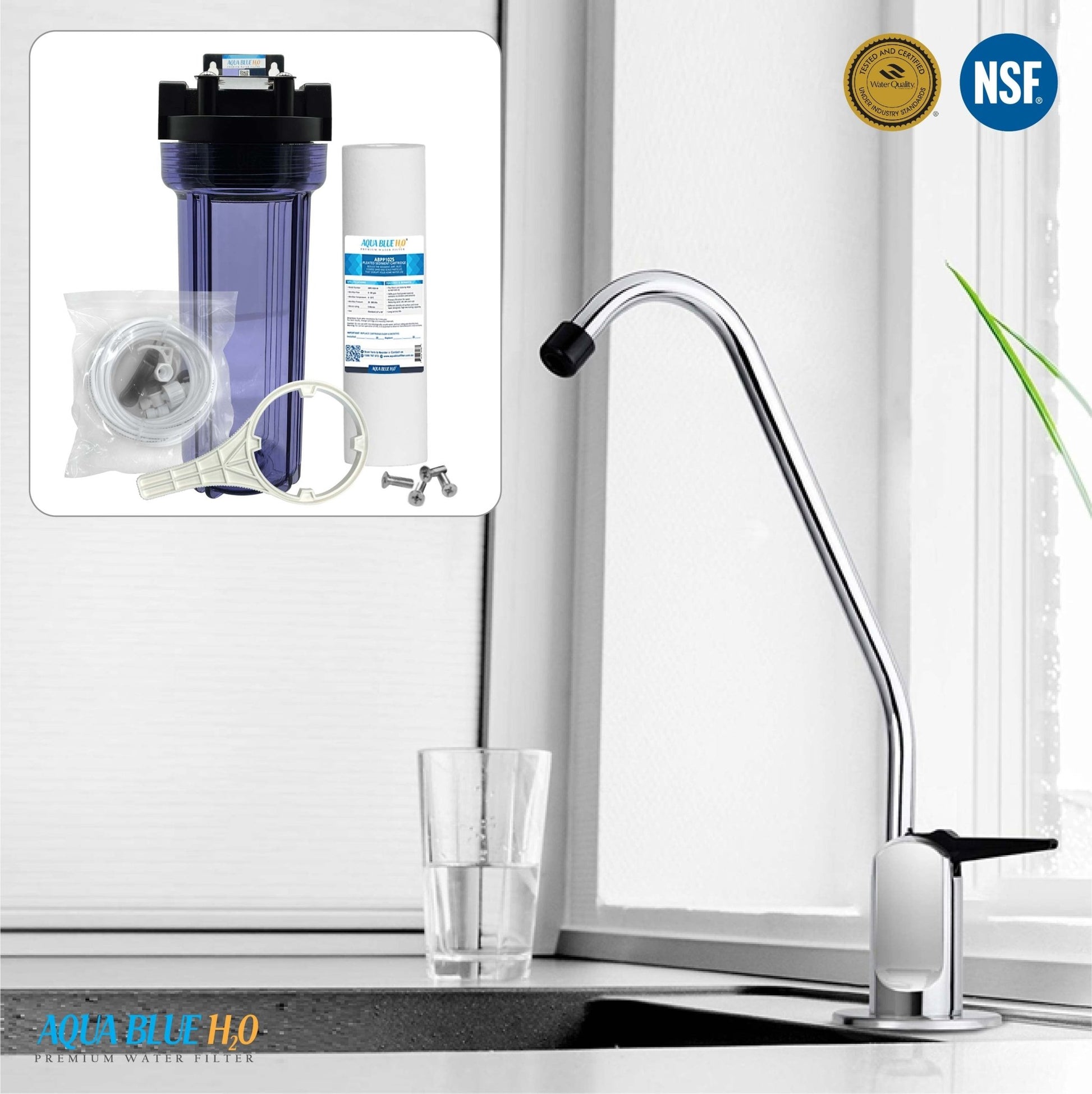 10" Clear Big Blue Filter Housing 5 Mic PP Sediment Water Filter, Reverse Osmosis Faucet, Connection Kit Set - WATER FILTER DISTRIBUTORS