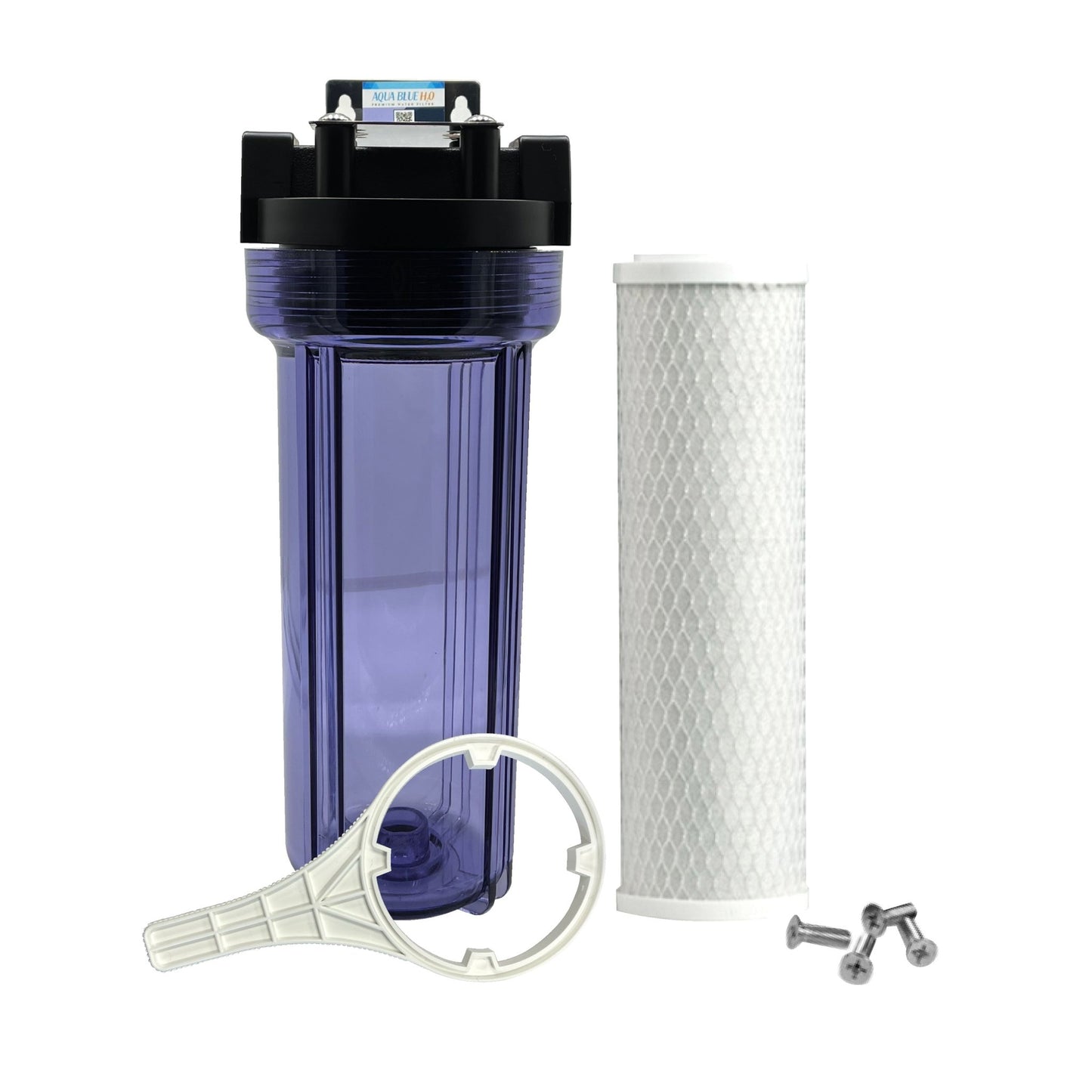 10" Clear Big Blue Housing w/ Presser Relief Button, CTO Coconut Shell Carbon Block Filter 10 x 2.5, 5MIC - WATER FILTER DISTRIBUTORS