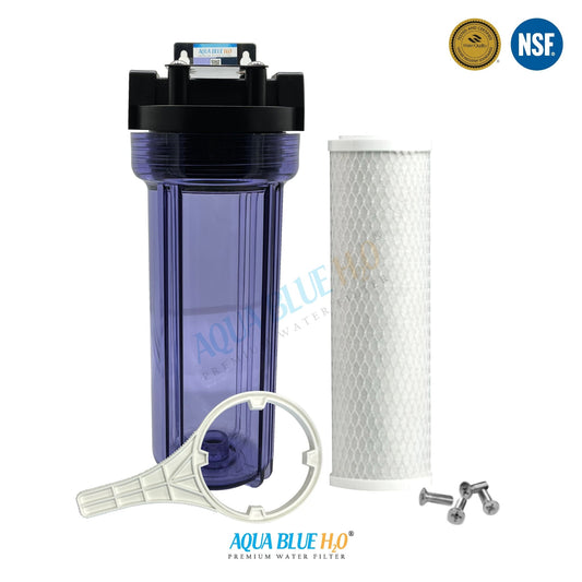 10" Clear Big Blue Housing w/ Presser Relief Button, CTO Coconut Shell Carbon Block Filter 10 x 2.5, 5MIC - WATER FILTER DISTRIBUTORS