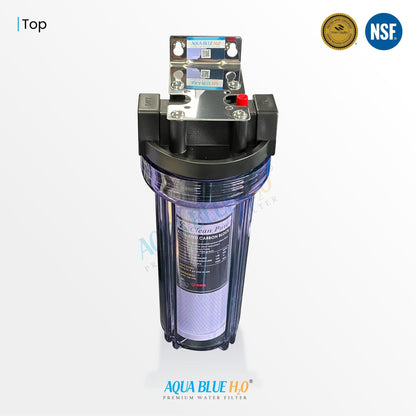 10" Clear Big Blue Housing w/ Presser Relief Button, CTO Coconut Shell Carbon Block Filter 10 x 2.5, 5MIC - WATER FILTER DISTRIBUTORS