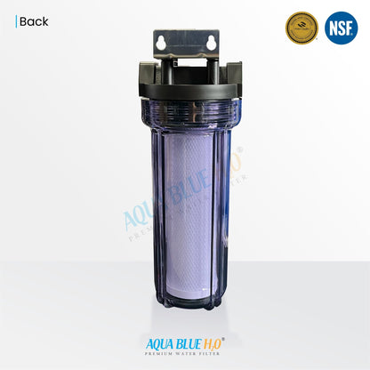 10" Clear Big Blue Housing w/ Presser Relief Button, CTO Coconut Shell Carbon Block Filter 10 x 2.5, 5MIC - WATER FILTER DISTRIBUTORS