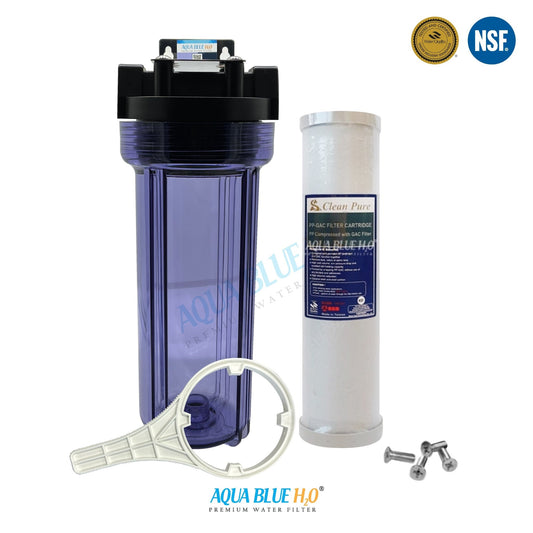 10" Clear Big Blue Housing w/ Presser Relief Button, Dual Stage PP Sediment Compressed with GAC Filter 10 x 2.5 - WATER FILTER DISTRIBUTORS