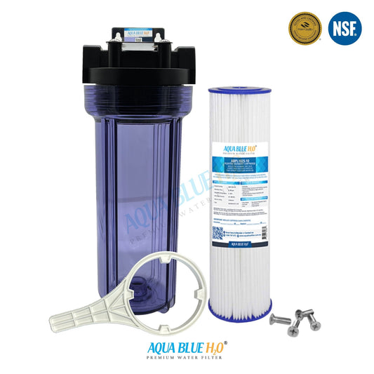 10" Clear Big Blue Housing w/ Presser Relief Button, Pleated Sediment Filter 10 x 2.5, 5MIC - WATER FILTER DISTRIBUTORS