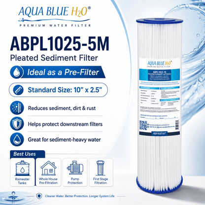 10" Clear Big Blue Housing w/ Presser Relief Button, Pleated Sediment Filter 10 x 2.5, 5MIC - WATER FILTER DISTRIBUTORS