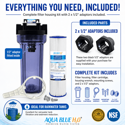 10" Clear Big Blue Housing w/ Presser Relief Button, Pleated Sediment Filter 10 x 2.5, 5MIC - WATER FILTER DISTRIBUTORS