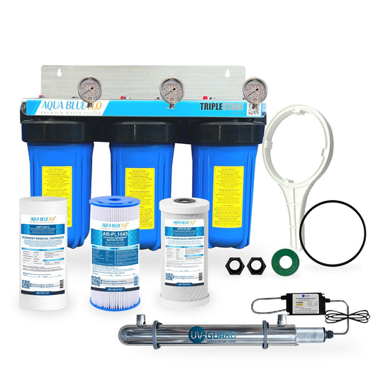 10" x 4.5" Big Blue Triple Whole House Water System with UV Guard UVG SLT30 System - WATER FILTER DISTRIBUTORS