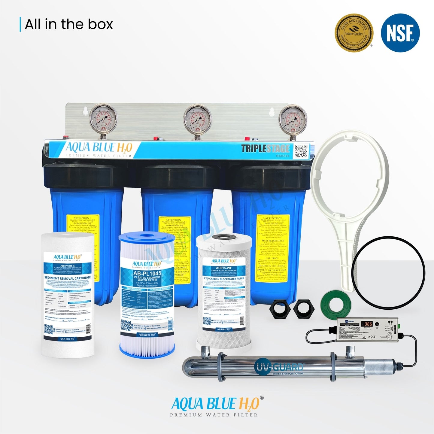 10" x 4.5" Big Blue Triple Whole House Water System with UV Guard UVG SLT30 System - WATER FILTER DISTRIBUTORS