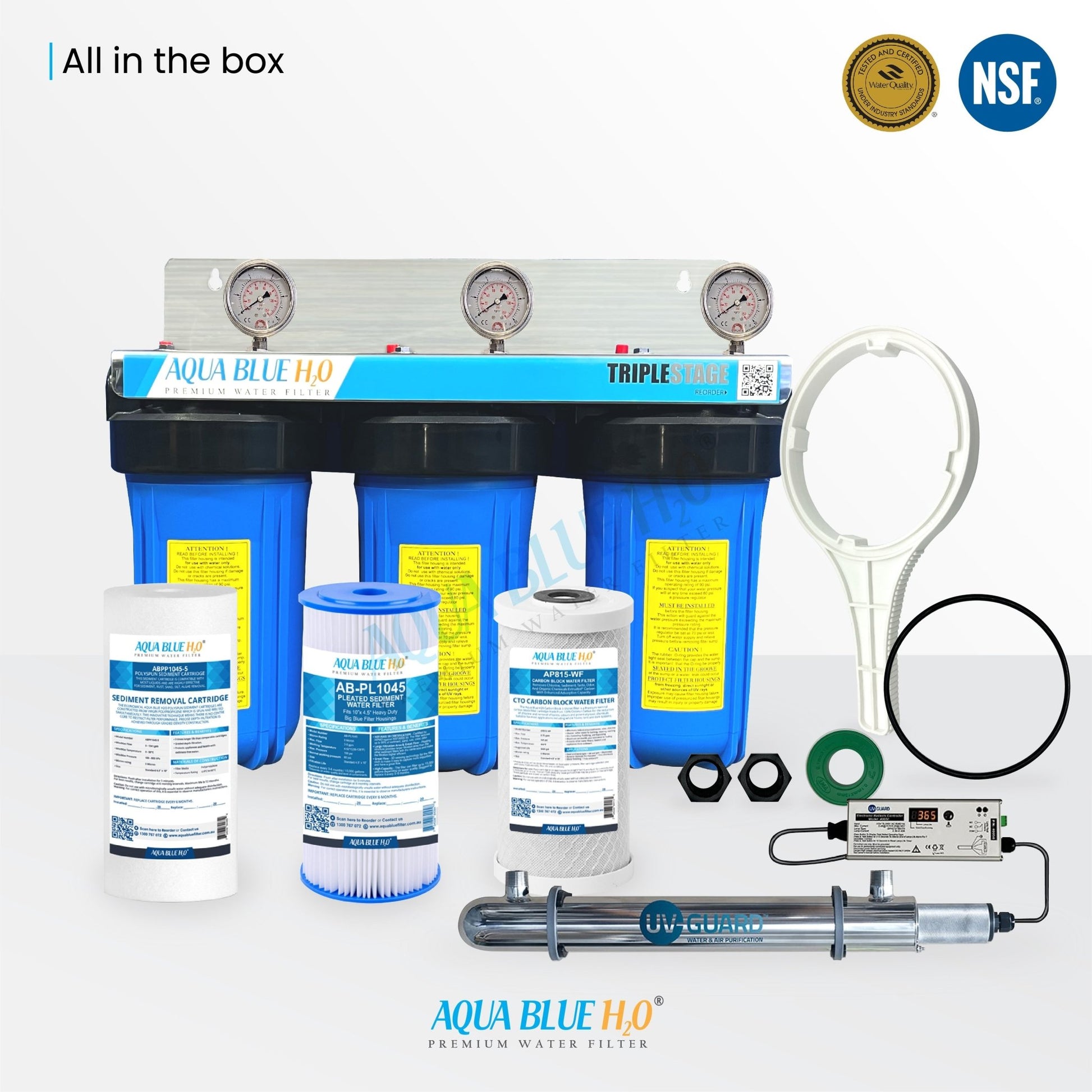 10" x 4.5" Big Blue Triple Whole House Water System with UV Guard UVG SLT30 System - WATER FILTER DISTRIBUTORS