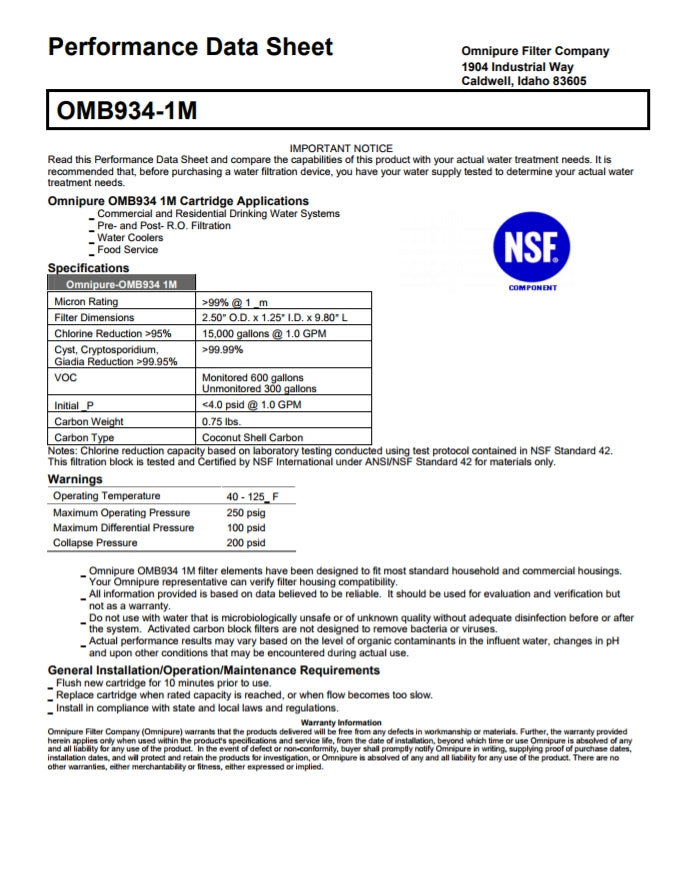Omnipure OMB9341MPB 1ML 1um Lead Reduction Water Filter 10"