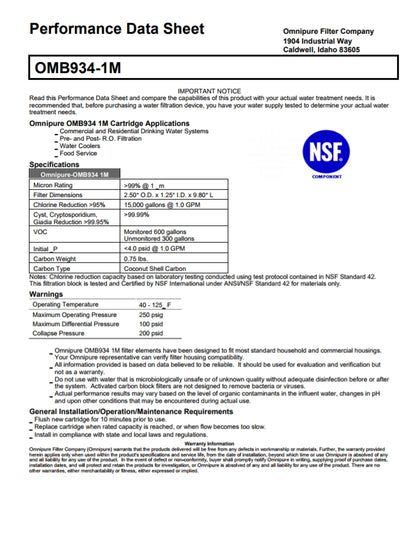 Omnipure OMB9341MPB 1ML 1um Lead Reduction Water Filter 10"