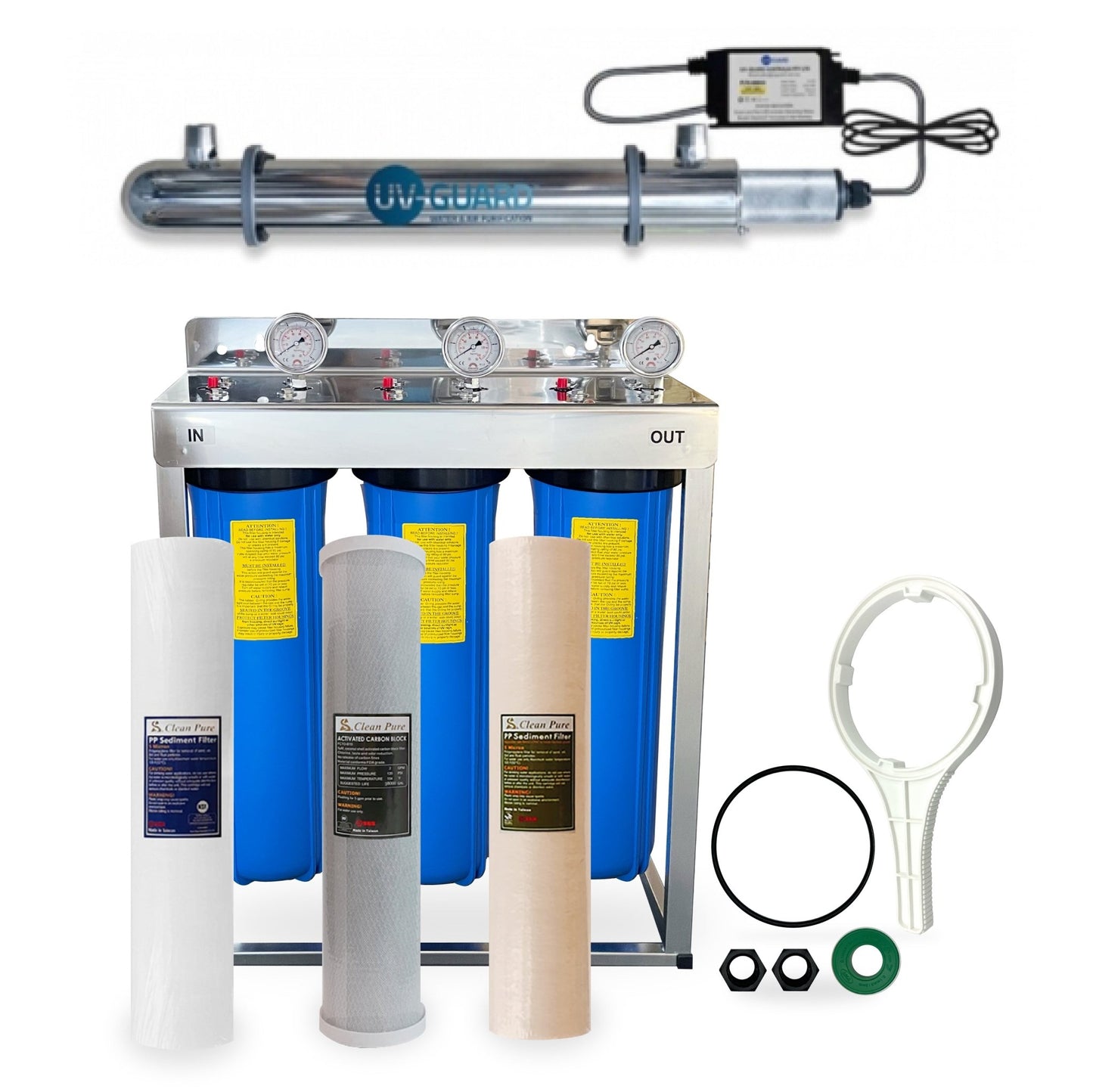 20" Big Blue Triple Whole House Water System with UV Guard UVG SLT30 System - WATER FILTER DISTRIBUTORS