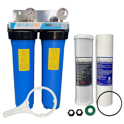 20" Big Blue Twin Housing with Stand 10um Carbon and 5um Sediment Filters with S/S bracket - WATER FILTER DISTRIBUTORS