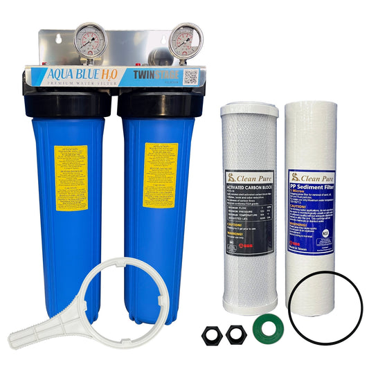20" Big Blue Twin Housing with Stand 10um Carbon and 5um Sediment Filters with S/S bracket - WATER FILTER DISTRIBUTORS