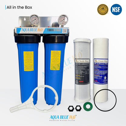 20" Big Blue Twin Housing with Stand 10um Carbon and 5um Sediment Filters with S/S bracket - WATER FILTER DISTRIBUTORS