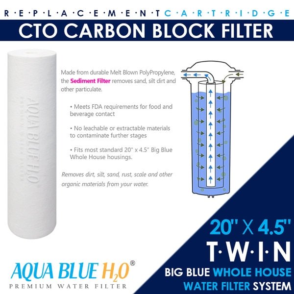 20" Big Blue Twin Housing with Stand 10um Carbon and 5um Sediment Filters with S/S bracket - WATER FILTER DISTRIBUTORS