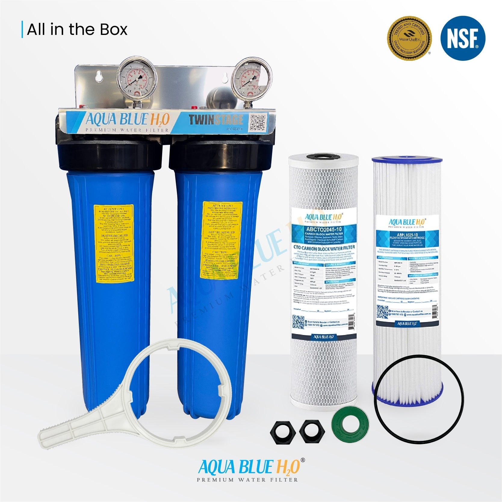 20" X 4.5" Big Blue Twin Water Filter Housing with CTO + Pleated Sediment - WATER FILTER DISTRIBUTORS