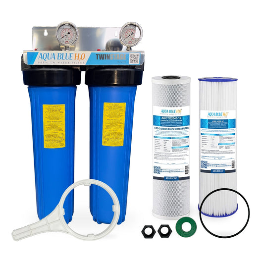 20" X 4.5" Big Blue Twin Water Filter Housing with CTO + Pleated Sediment - WATER FILTER DISTRIBUTORS
