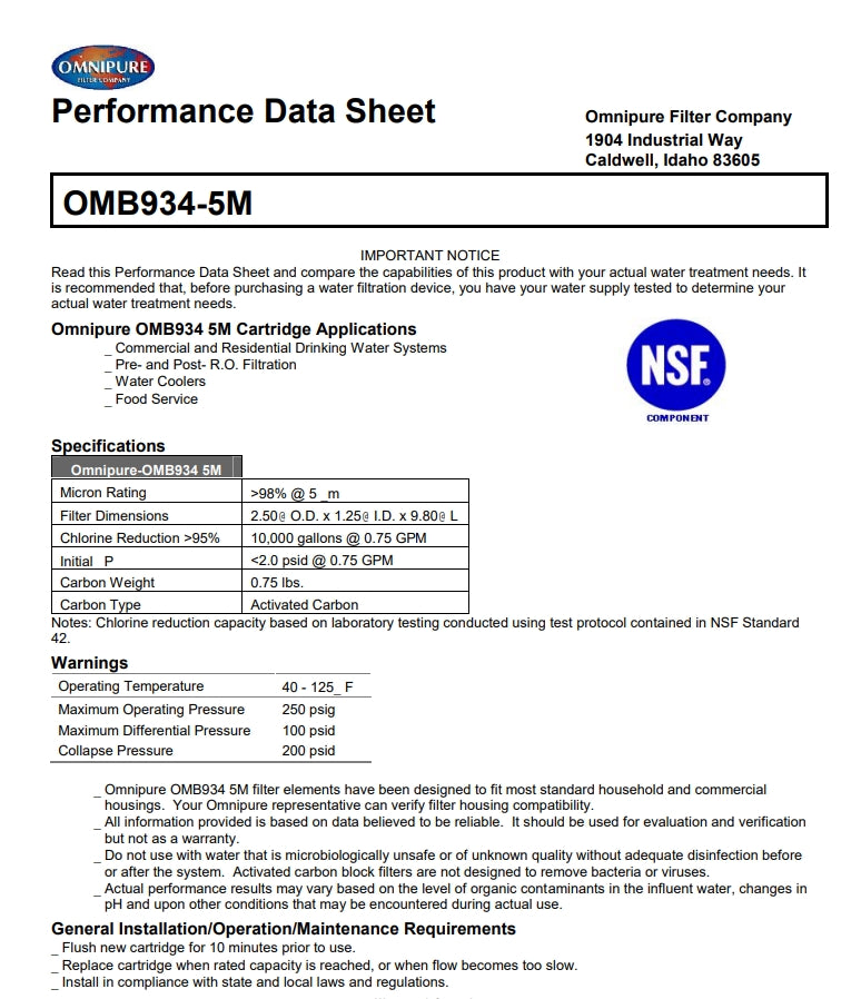 Omnipure  Silver Impregnated Carbon Block OMB934 Filter Cartridge | 5 Micron