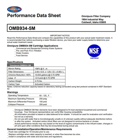 Omnipure  Silver Impregnated Carbon Block OMB934 Filter Cartridge | 5 Micron