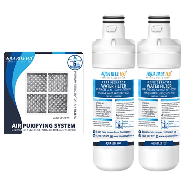 2X LG LT1000P, MDJ64844601, ADQ74793501 compatible water filter with LG LT120F ADQ73214404 replacing air filter