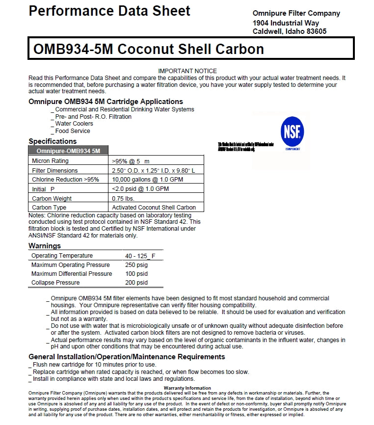 Omnipure 2.5" x 10" 5 Micron  Carbon Block Filter  OMB934 5 MIC