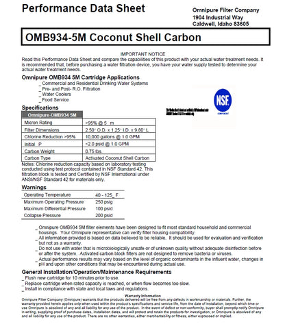 Omnipure 2.5" x 10" 5 Micron  Carbon Block Filter  OMB934 5 MIC