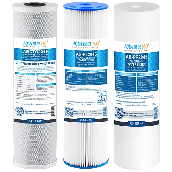 Big Blue 20"x4.5" Whole House Pleated Sediment Polyspun CTO Carbon Block 10M Water Filter 3 Pcs Set