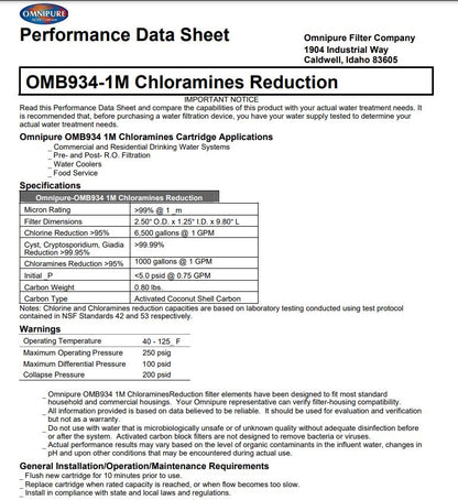 Omnipure OMB9341MPB 1ML 1um Lead Reduction Water Filter 10"