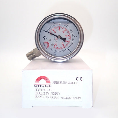 Pressure Gauge 70mm Liquid Filled Stainless Steel Dial-Bottom Entry BSP