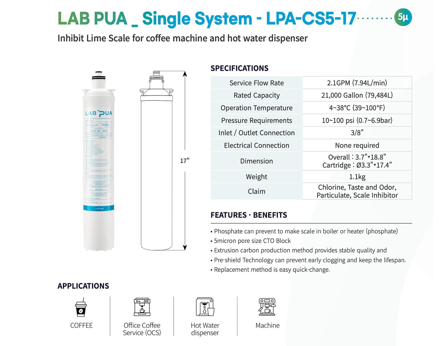 Lab Pua Residential Water Filter Kit With Faucet LPA-CS5-17
