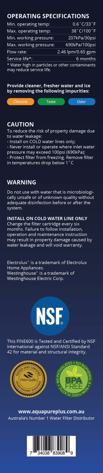 4 X WESTINGHOUSE Fridge Water Filter EPTWFU01 807946705 for WQE6060SB WHE6060SB FINEST - WATER FILTER DISTRIBUTORS