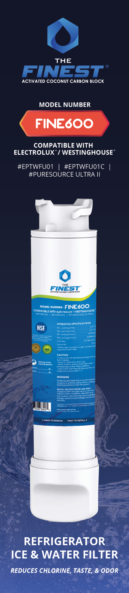 4 X WESTINGHOUSE Fridge Water Filter EPTWFU01 807946705 for WQE6060SB WHE6060SB FINEST - WATER FILTER DISTRIBUTORS