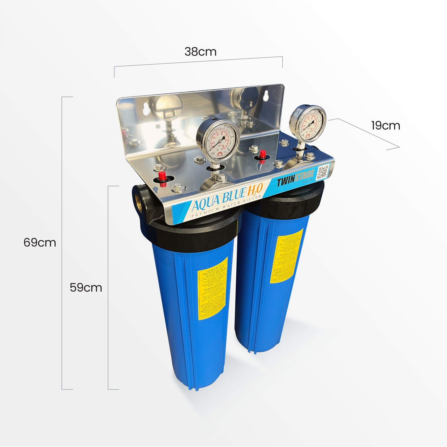 20" Big Blue Twin Housing with Stand 10um Carbon and 5um Sediment Filters with S/S bracket