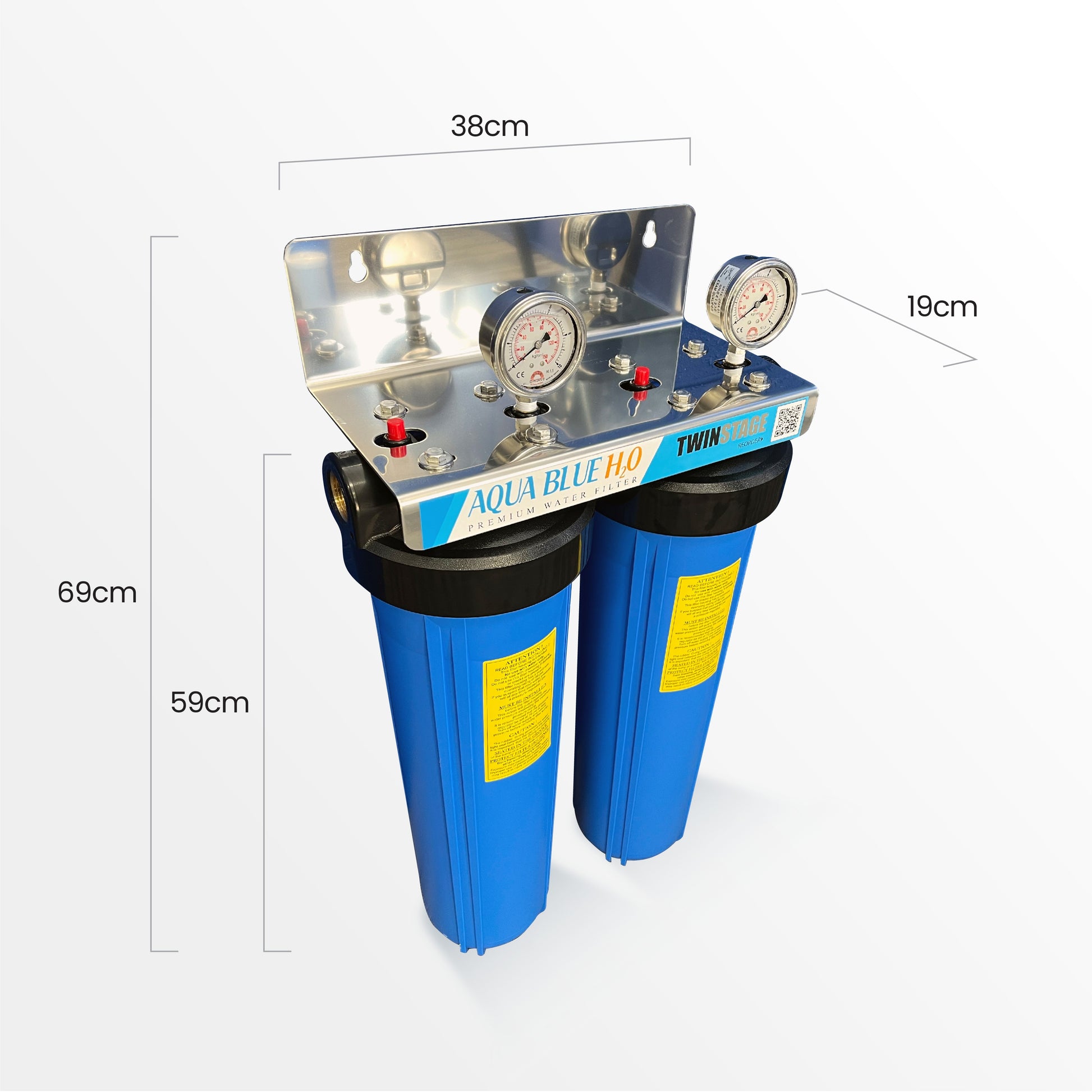 20" Big Blue Twin Housing with Stand 10um Carbon and 5um Sediment Filters with S/S bracket