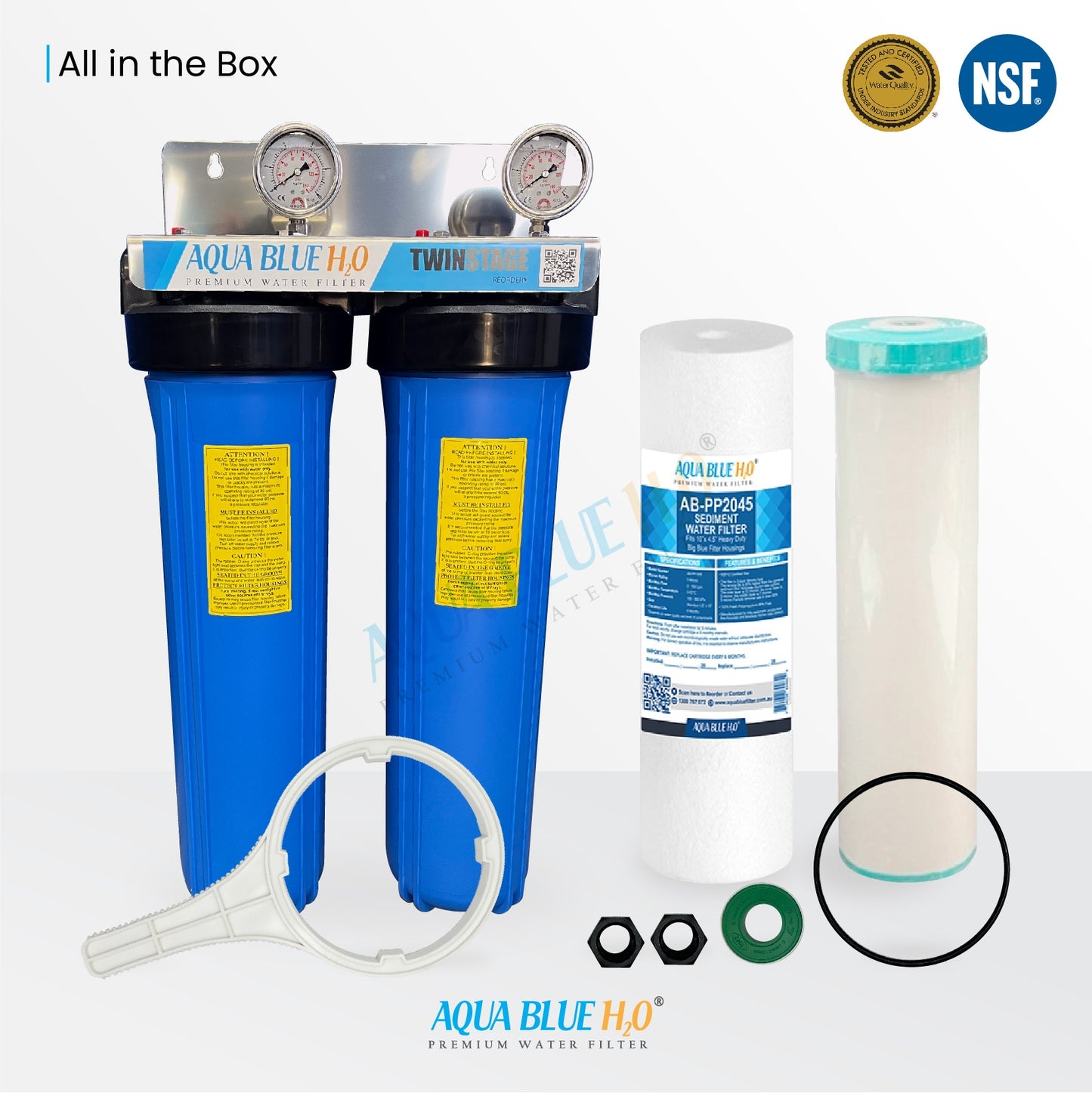 20" X 4.5" Big Blue Twin Water Filter Housing with SEDIMENT + alumina(fluride)