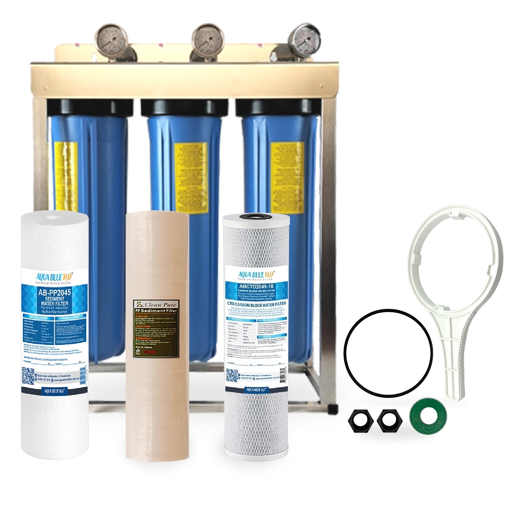 Whole House filter 20" x 4.5" TRIPLE Water System Stainless Steel Free Standing Option