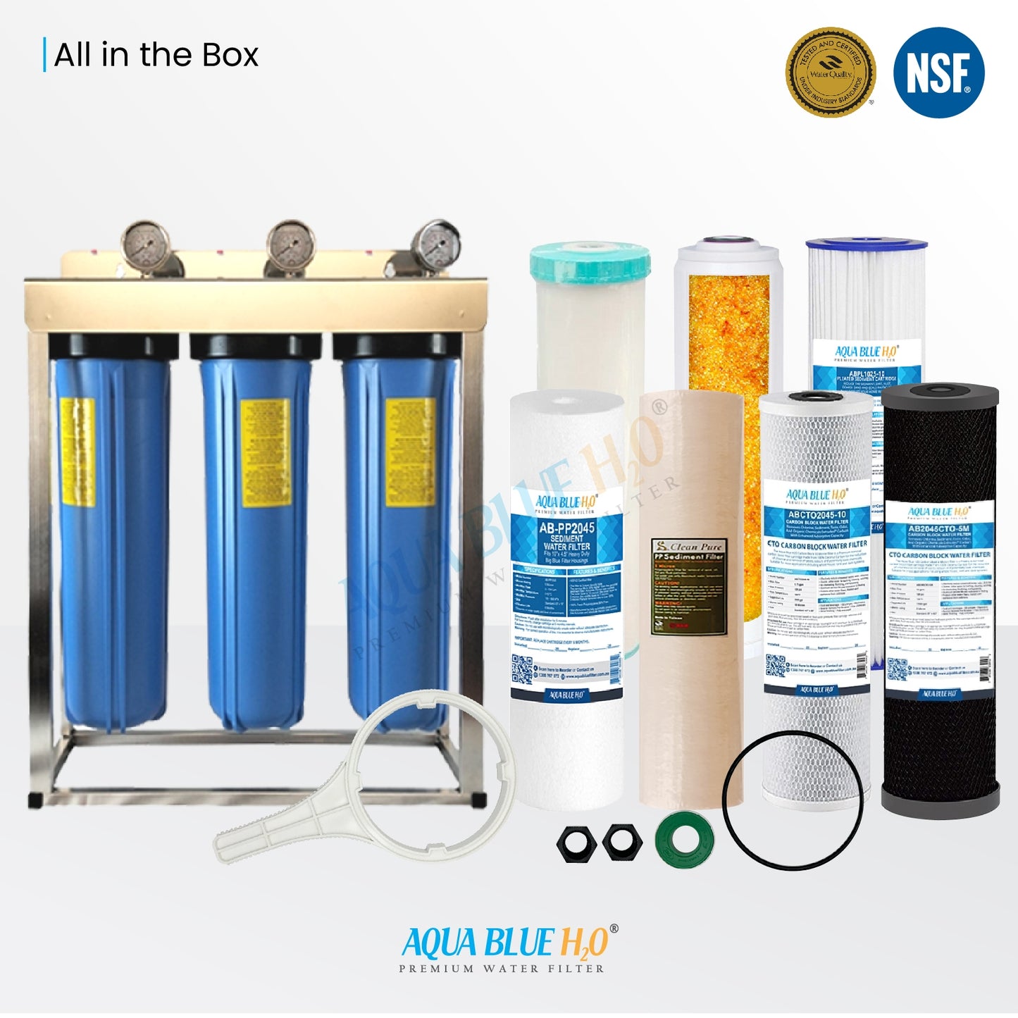 Whole House filter 20" x 4.5" TRIPLE Water System Stainless Steel Free Standing Option