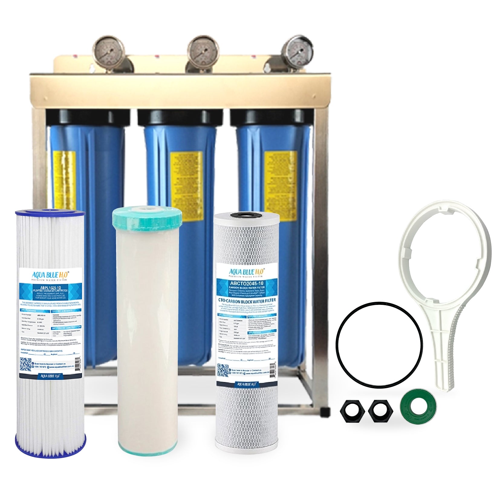 Whole House filter 20" x 4.5" TRIPLE Water System Stainless Steel Free Standing Option