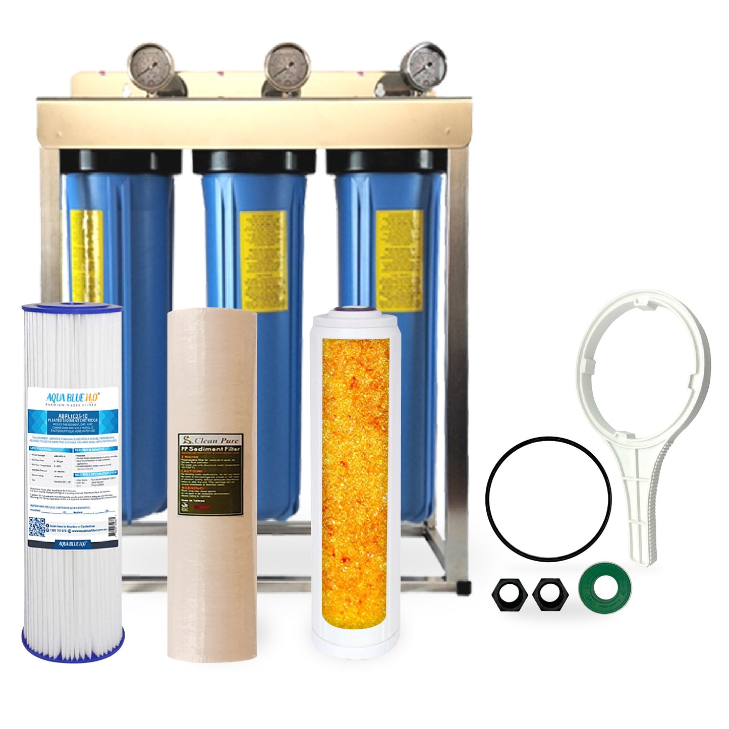 Whole House filter 20" x 4.5" TRIPLE Water System Stainless Steel Free Standing Option