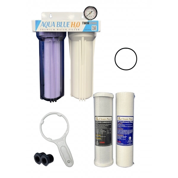 Twin Caravan & RV Water Filter System with Sediment & Silver Carbon Block Filter