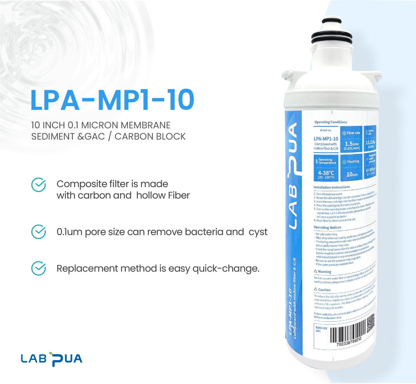 Lab Pua Residential Water Filter header+1/4"Hose Kit 10 Inch Series