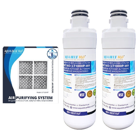 2X LG LT1000P, MDJ64844601, ADQ74793501 compatible water filter with LG LT120F ADQ73214404 replacing air filter