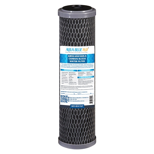 Silver Carbon Block Filter Cartridge Standard 2.5” x 10”, 5 Micron