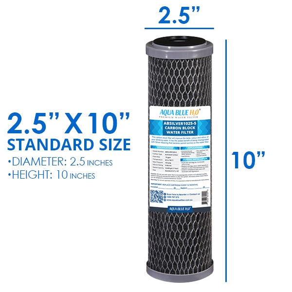 Silver Carbon Block Filter Cartridge Standard 2.5” x 10”, 5 Micron