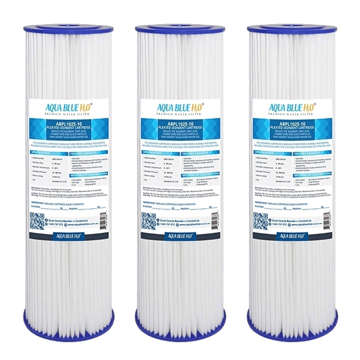 Aqua Blue H20 Washable Pleated Sediment Filter 10 x 2.5 10 Mic