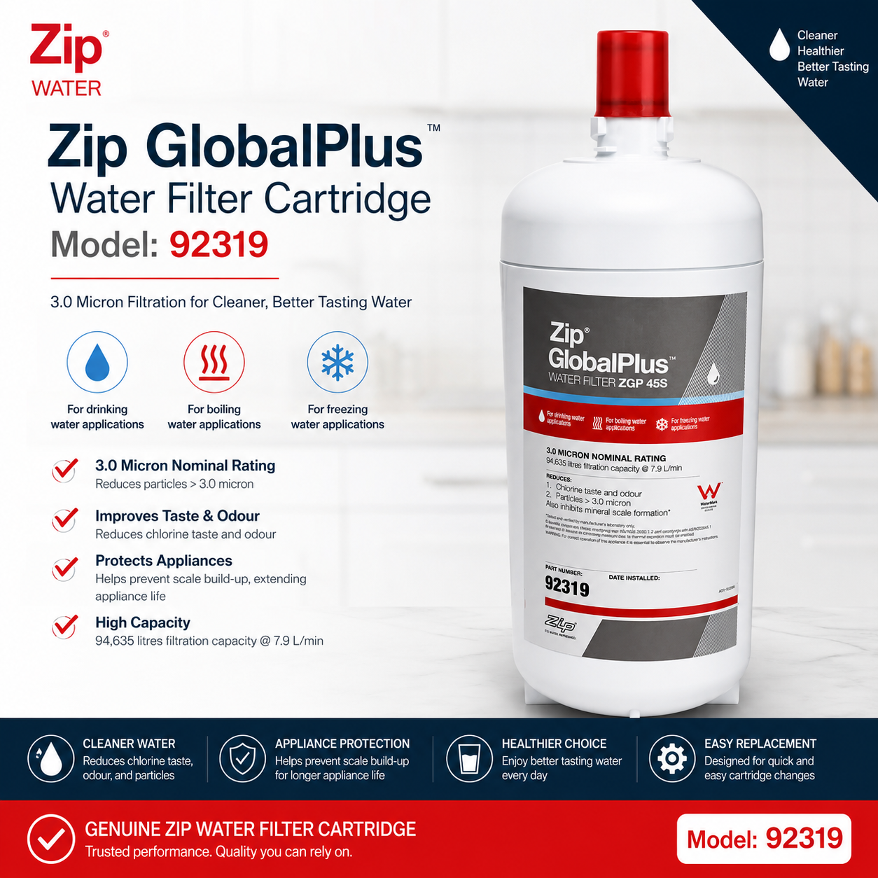 Genuine ZIP 92319 Global Plus Series 3 Micron Water Filter ZGP 45S