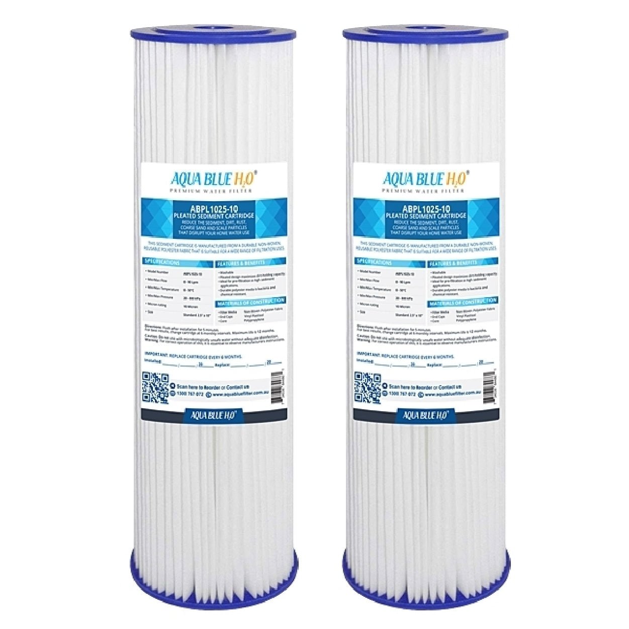 ABPL1025 Pleated Sediment Water Filter Cartridge 10" 1 Micron by Aqua Blue H20 - WATER FILTER DISTRIBUTORS