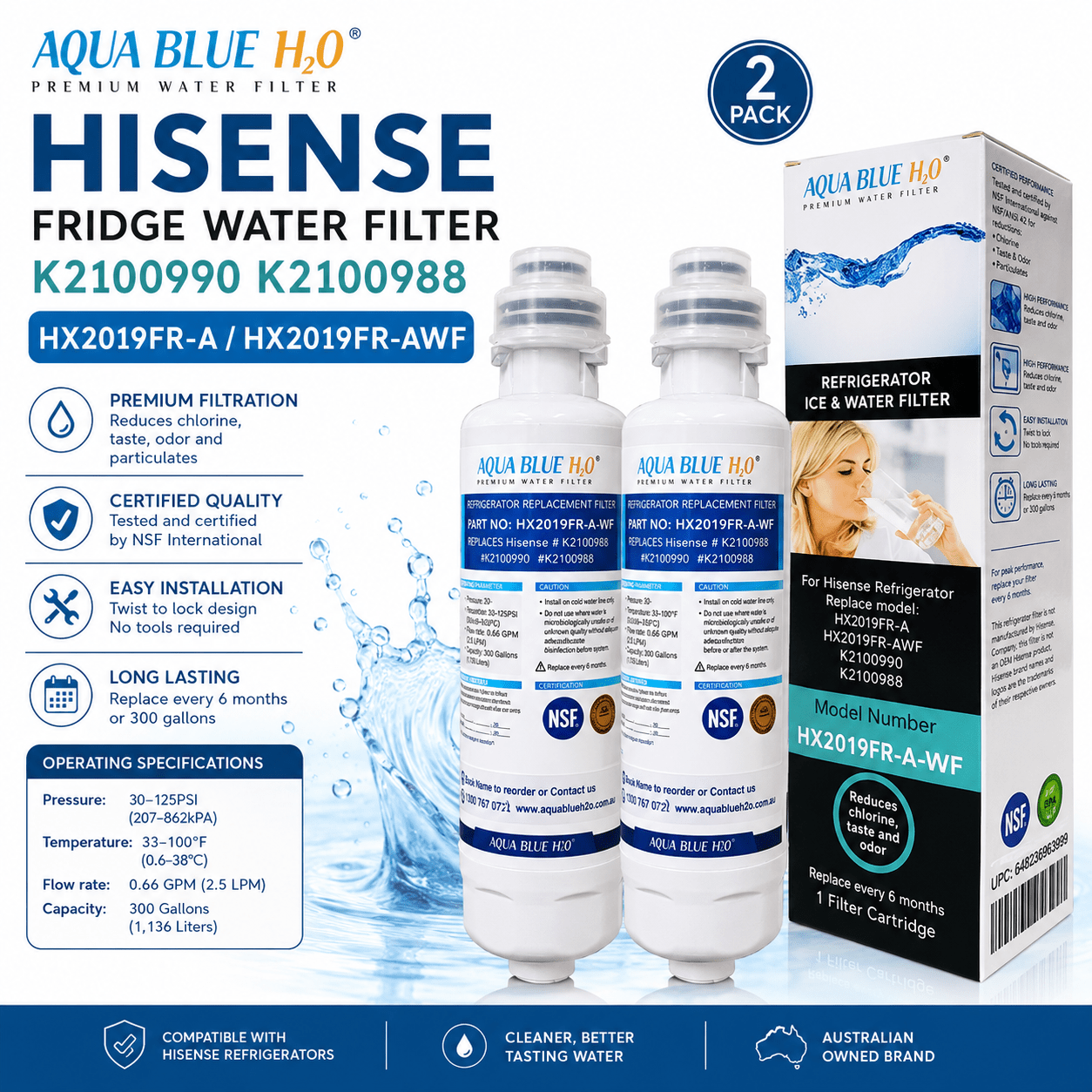 AQUA BLUE H20 Premium Hisense Fridge Filter K2100990 K2100988 HX2019FR-A - WATER FILTER DISTRIBUTORS