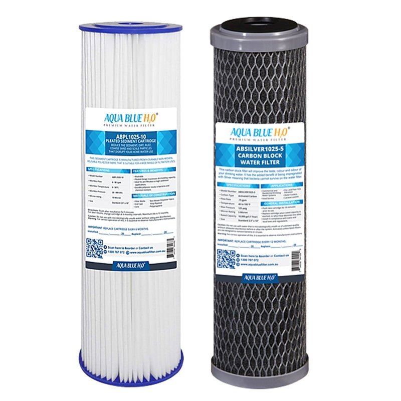 Aqua Blue H20 Twin Caravan filter system cartridge set 1 pleated and 1 carbon block - WATER FILTER DISTRIBUTORS